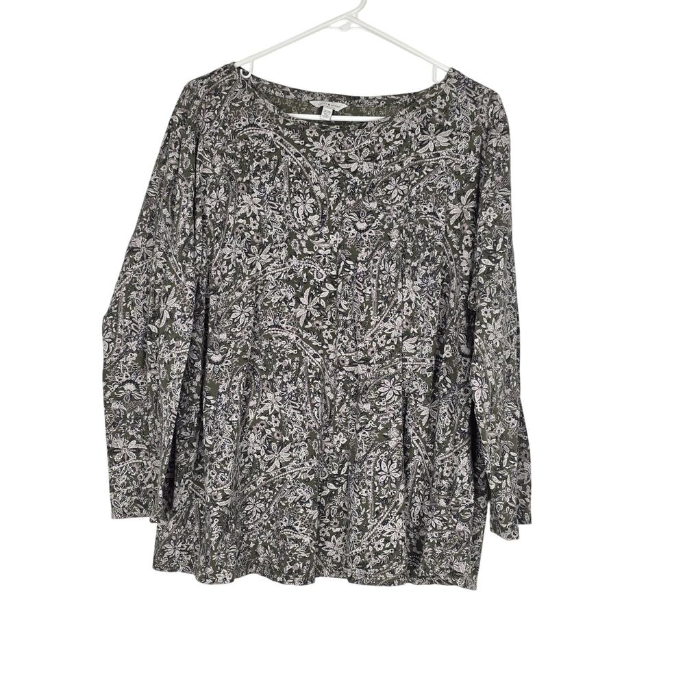 Lucky Brand Cottage Core Top 2x Womens Plus Size Green Floral Coquette Boat Neck